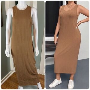 SHEIN Curve 2XL Ribbed Maxi Tank Dress Bodycon Stretch Beige Brown Form Fitting